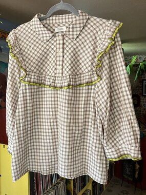 TOAST Chalkboard Check Cotton Ruffle Shirt UK 16 US 12 GUC